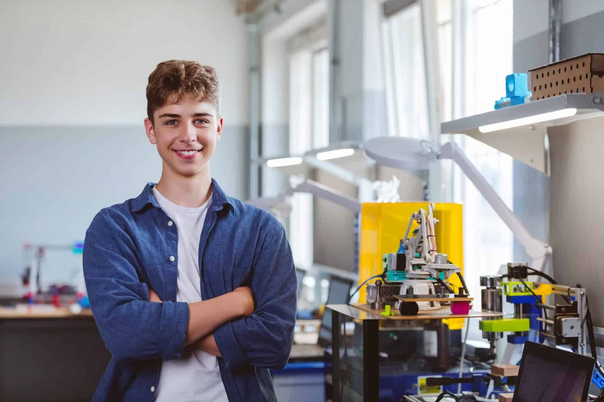 Young engineering student working on robotics project in a modern classroom.