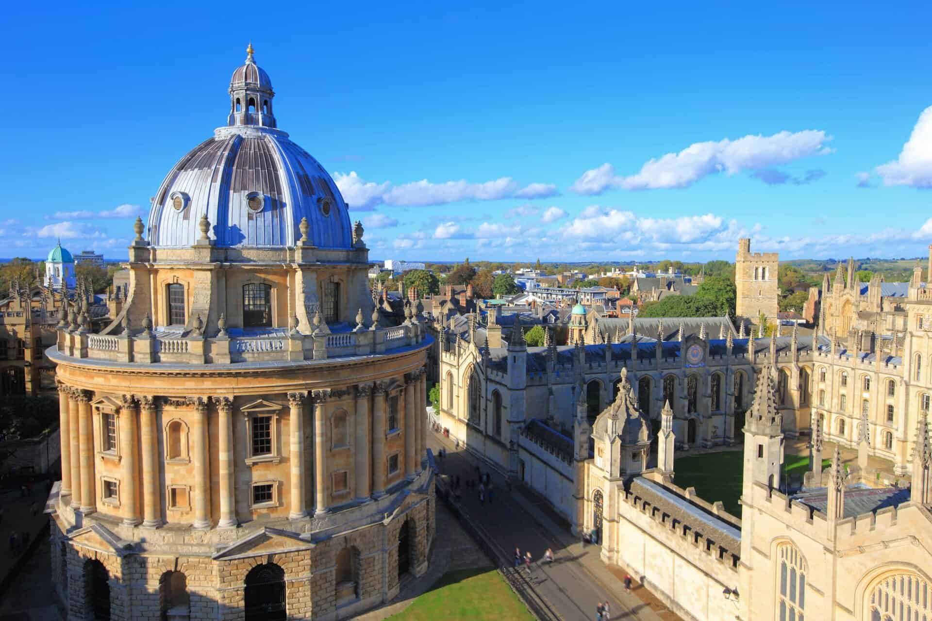 A detailed view of Oxford University’s historic domed building, showcasing classic architecture and.